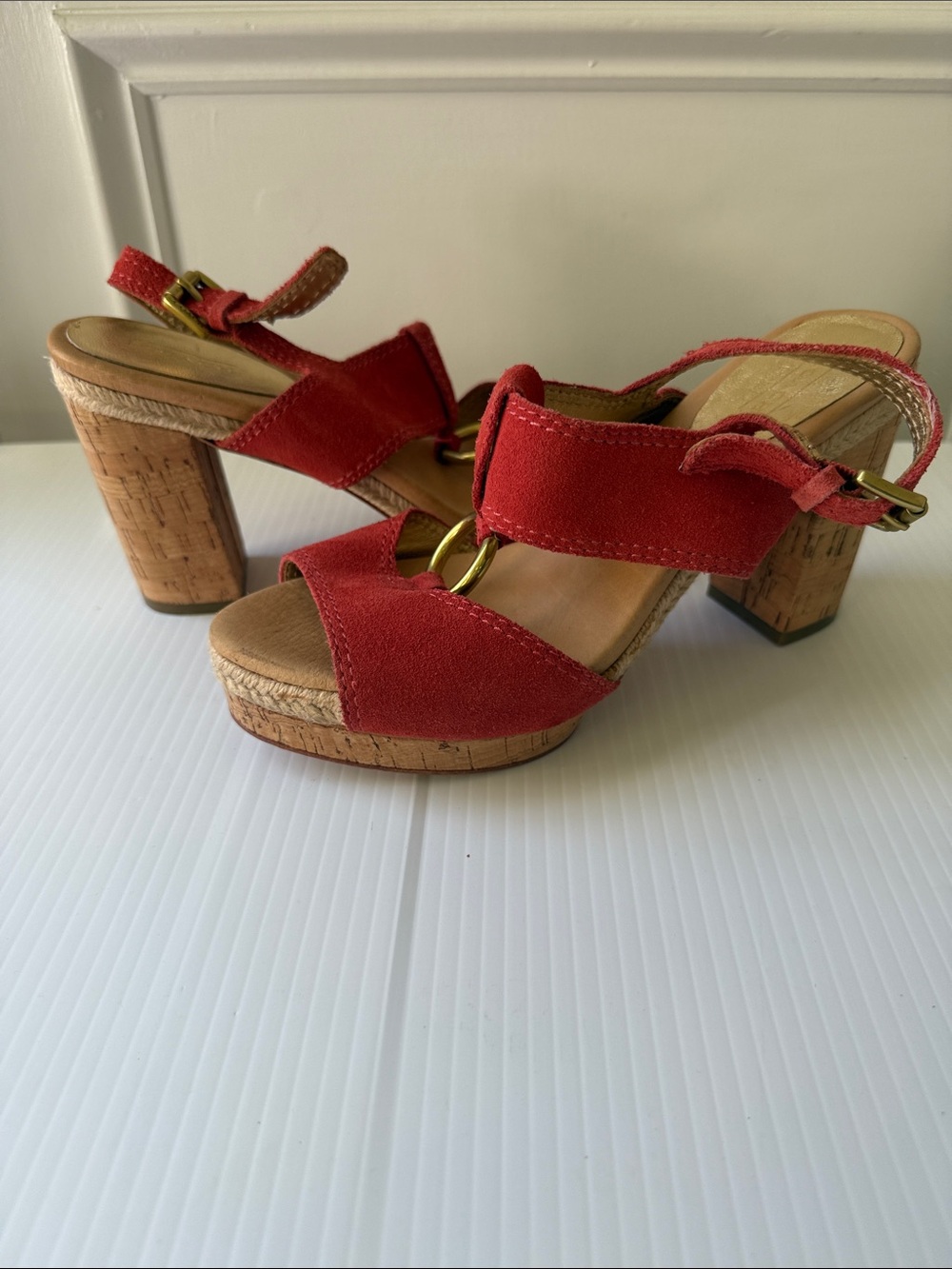 Coach Red Suede Cork Block Heel Sandals with Gold Accent Size 7.5B